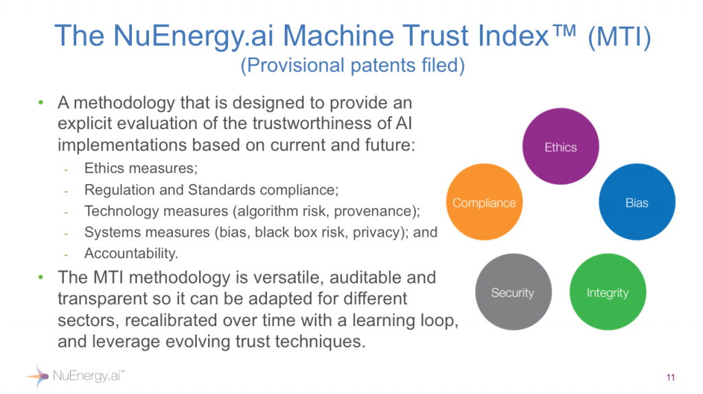 As seen in the above slide from NuEnergy.ai’s presentation at the CIO Strategy Council meeting, the MTI is a flexible framework that can be adapted to any context and any field of AI